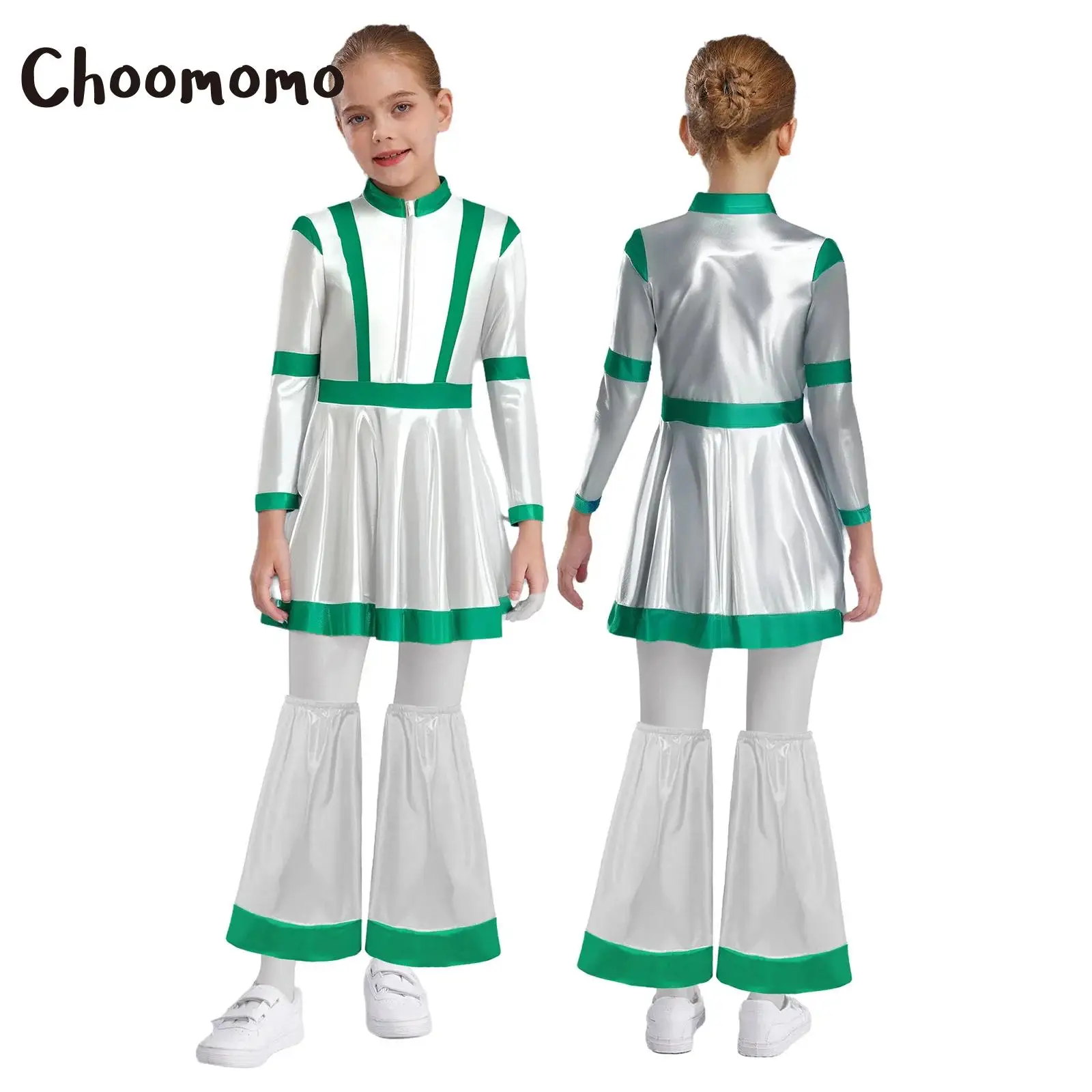 

Girls Alien Costume Halloween Robot Outer Space Cosplay Dress Long Sleeves Metallic Finish High Waist Suit Carnival Dress Up