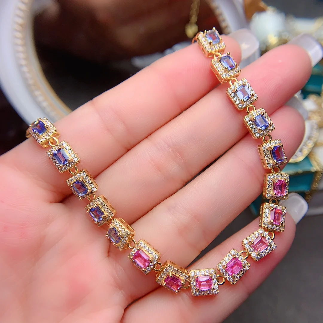 Deluxe 925 Sterling Silver Natural Tanzanite pink sapphire bracelet Ladies color Beautiful special gift bag Mail boutique