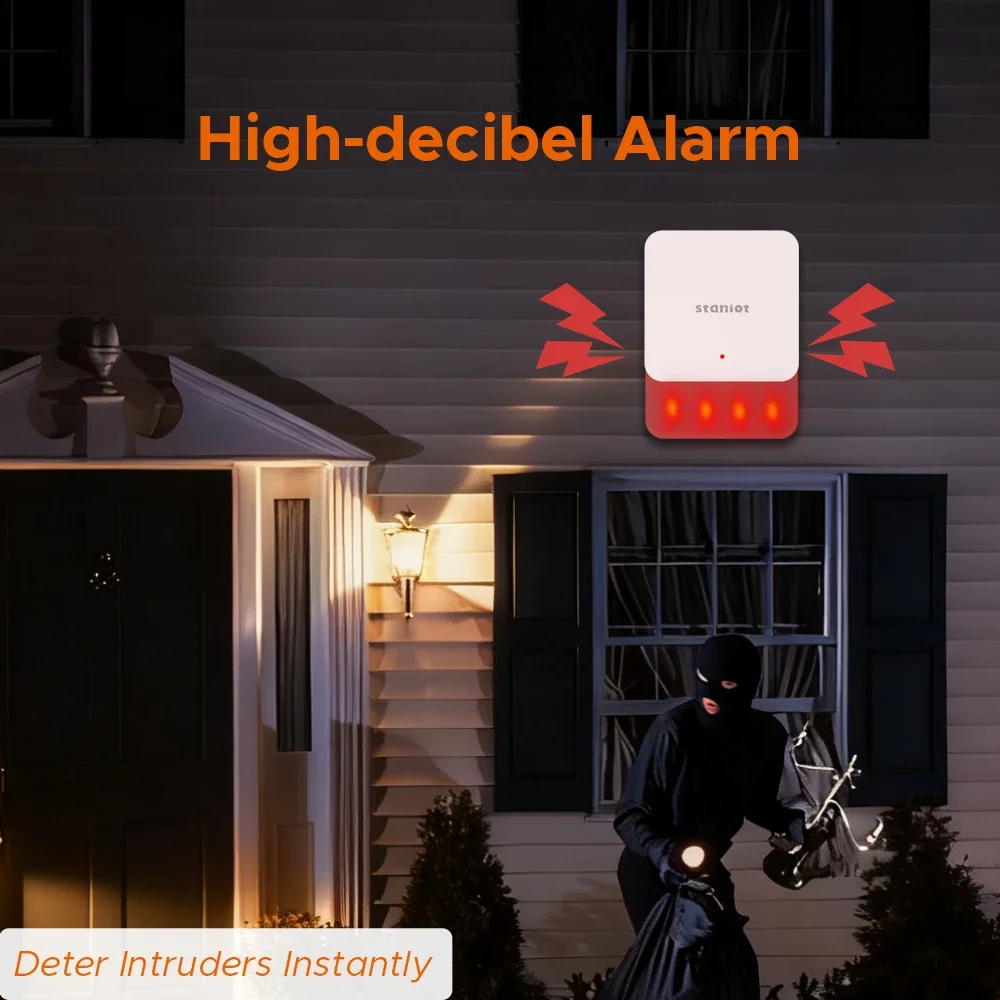 Staniot LoRa Version Wireless Strobe Siren 500m Transmission Distance Works with Secpanel 7 Pro 115dB For Smart Security Alarm