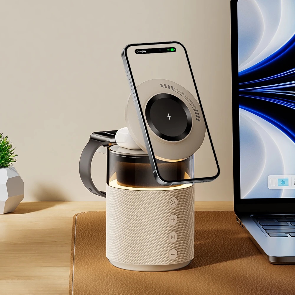 Магнитная беспроводная зарядная станция 5 в 1, зарядное устройство Magsafe, беспроводное зарядное устройство с динамиком Bluetooth для IPhone IWatch AirPods