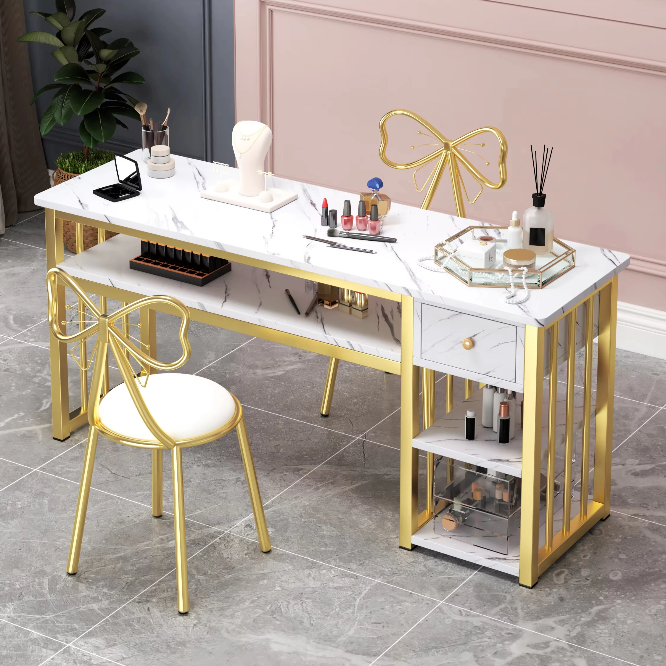 

Custom Luxury Design Marble Nail Care Table Beauty Salon Nail Furniture Nail Desk Manicure Table With Chairs
