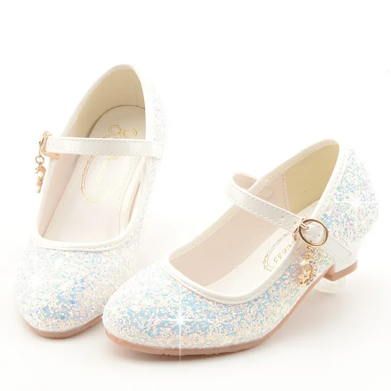 Girls Princess Sequins Leather Shoes Fashion Elegant Children High Heels Glitter Party Wedding Versatile Kids Dress Single Shoes