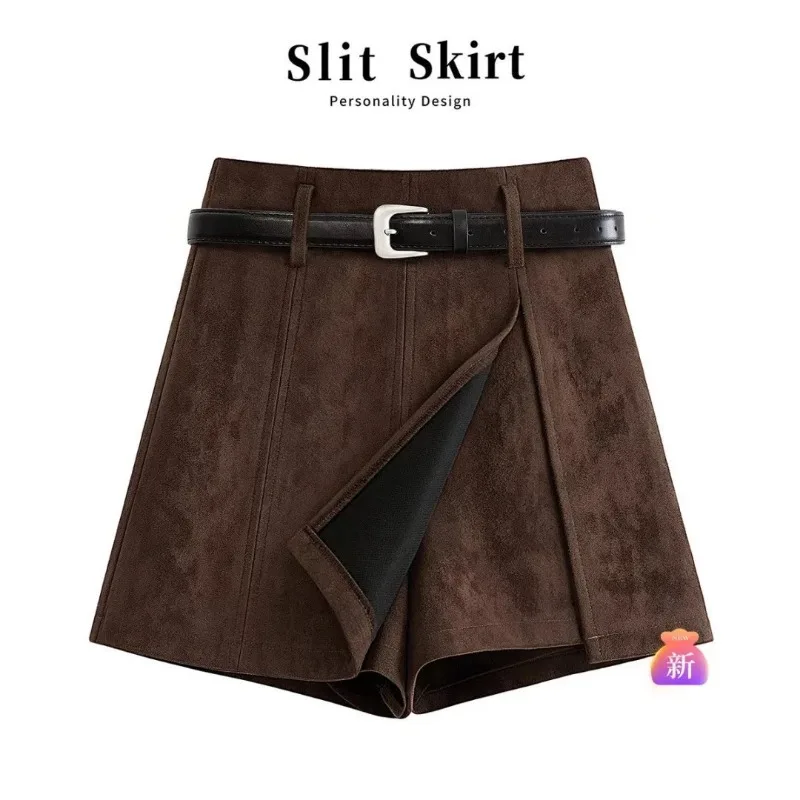 Women Autumn Solid Simple High Waist Slim Faux Suede Skort Short Half Skirt With Belt