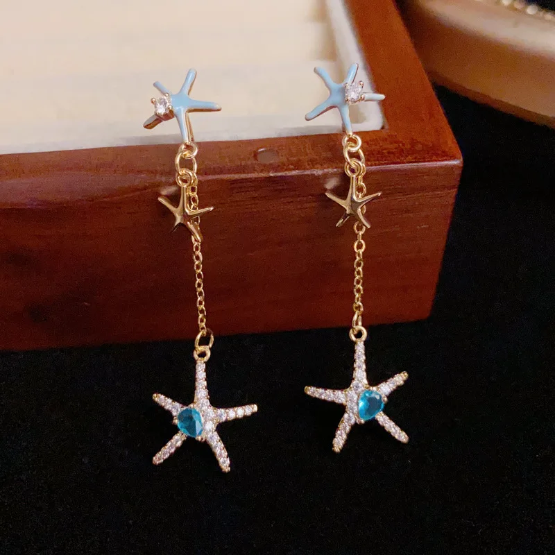

Exquisite 925 Silver 14k Gold Plated Zircon starfish Tassel Pendant Earrings For Women Party Trendy Fine Jewelry Summer Ocean