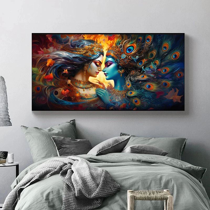 Sacred Krishna and Radha Hindu Canvas Painting Hindu Vaishnavite Tradition  Abstract Print  Religious Wall Art Room Home Decor