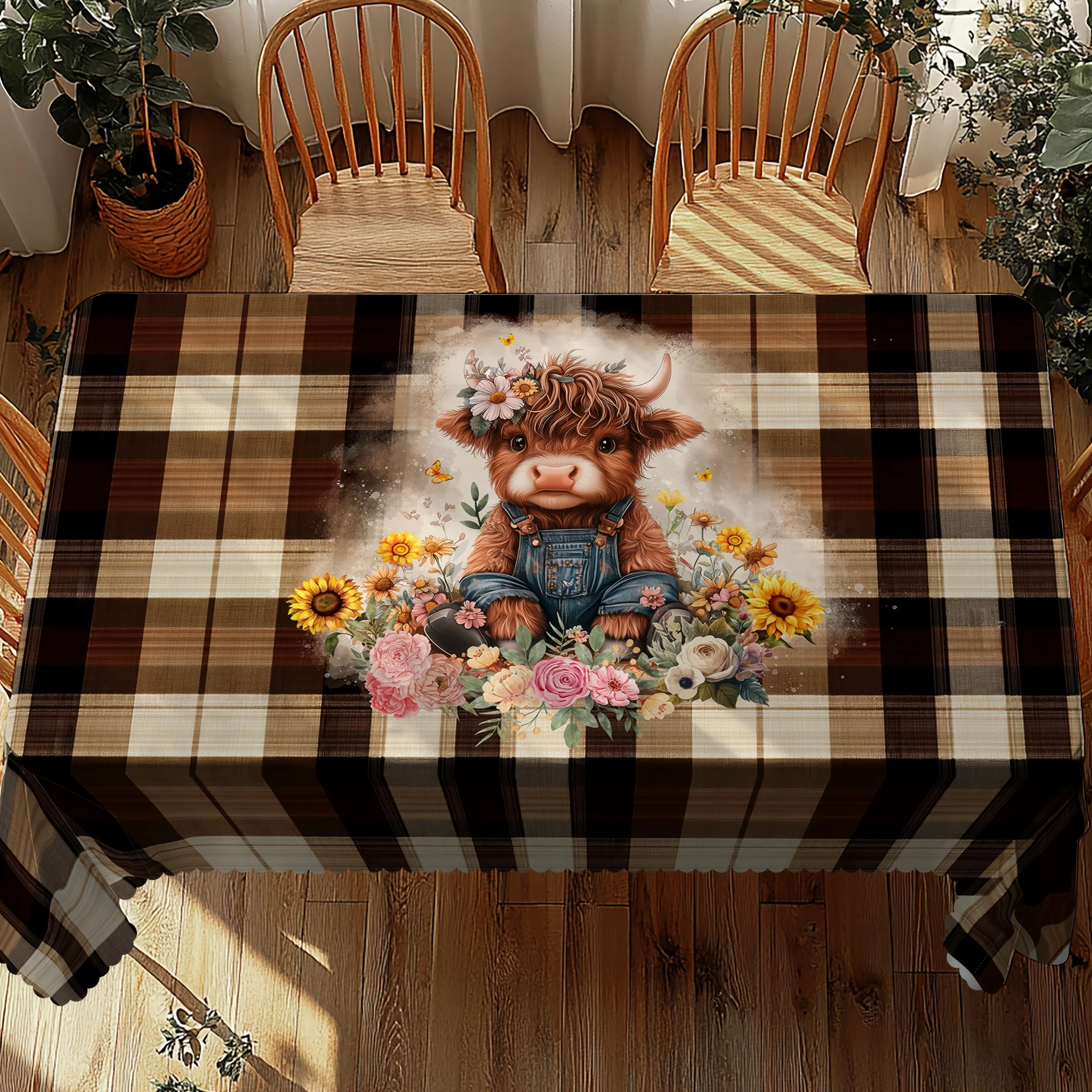 1 piece, vintage check tablecloth, 2D flat pattern print of farm cows and flowers in autumn and winter seasonszyc