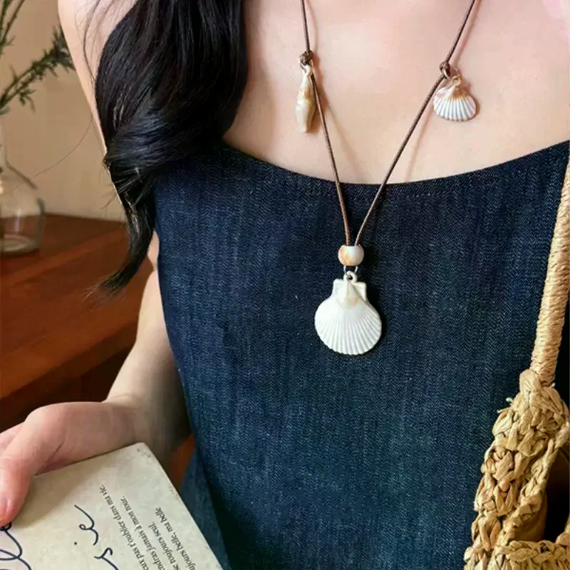 Starfish Shell Beaded Wax Rope Necklace For Women Bohemian Beach Vacation Style Clavicle Chain Fashion Daily Matching Jewelry