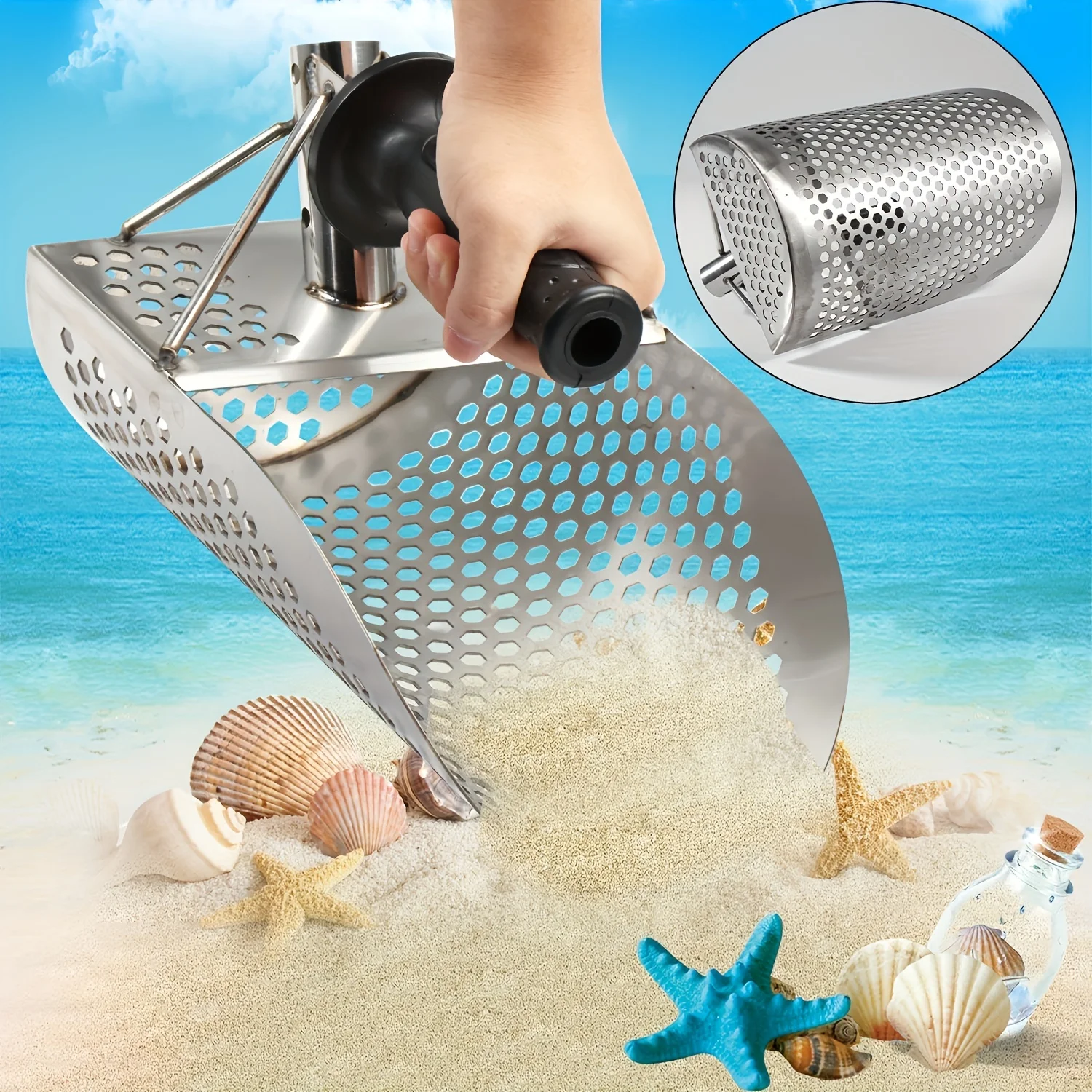Stainless Steel Sifting Shovel with Handle, Beach Sand Sifter for Treasure Hunting, Outdoor Metal Detecting Tool