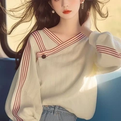 Autumn Winter New Fashion V-neck Long Sleeve Color Blocking Striped Sweatshirts Women's Clothing Casual Korean Trend Button Tops