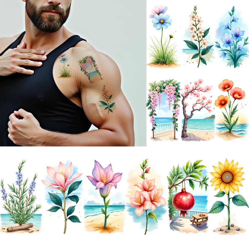 

9pcs Temporary Tattoo Scenic Illustration Watercolor Floral Art Waterproof Long-lasting Body Stickers For Arms Shoulders