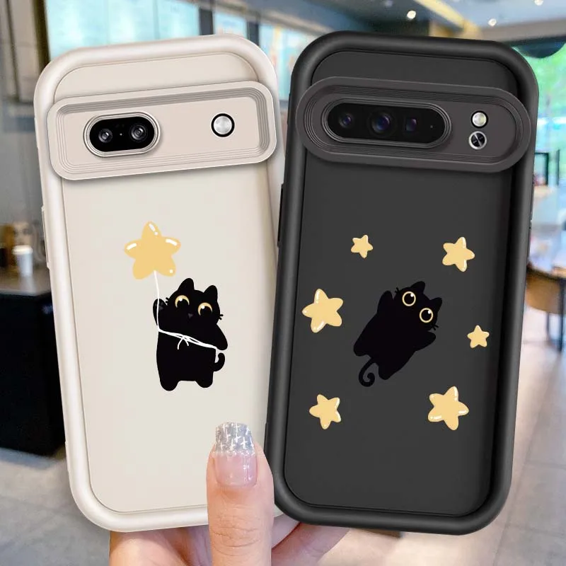 

Cartoon Black Kitten Star Phone Case For Google Pixel 9 8A 8 7 7A Pro XL 5G Eye Ladder Soft TPU Shockproof Cover