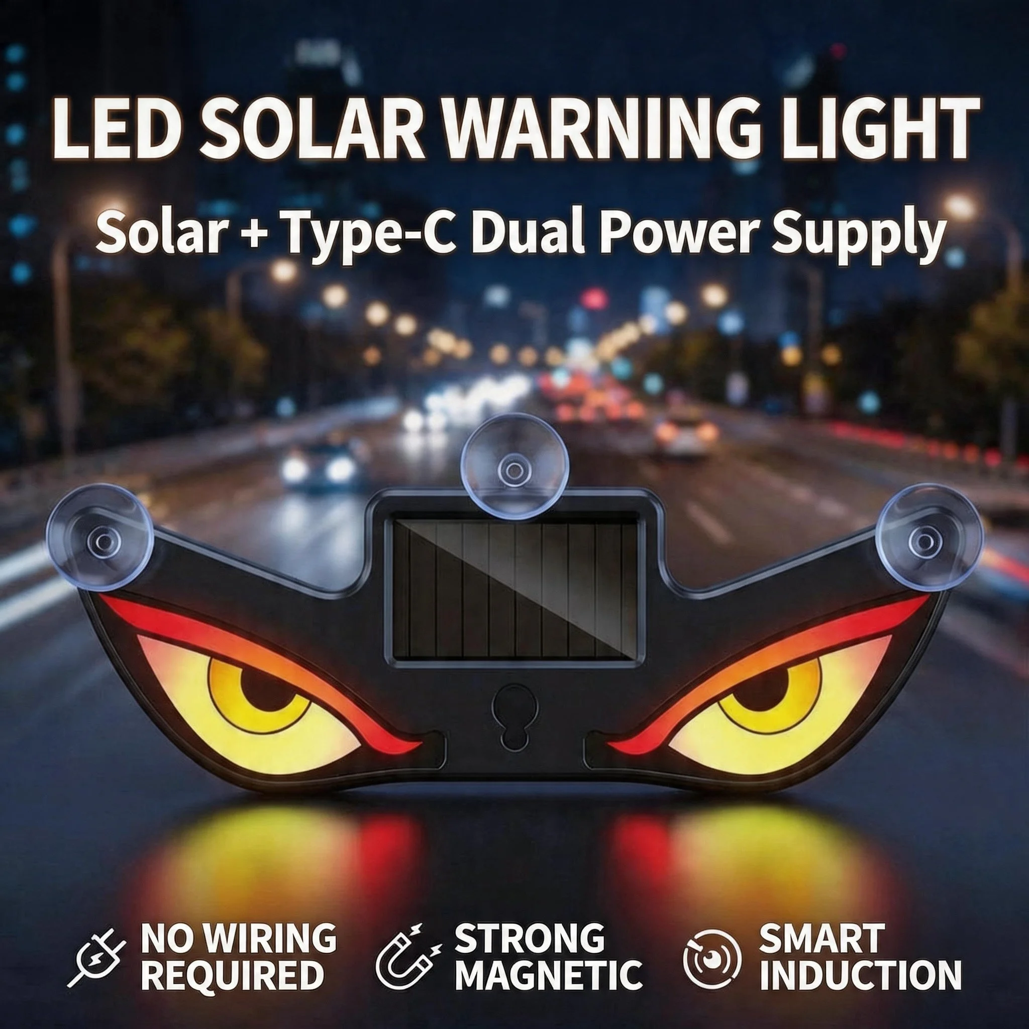 Car Solar Triangle Window Warning Light, Dynamic LED Demon Eye Flashing Light