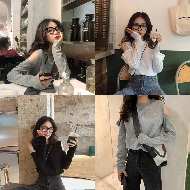 Fashion Solid Color Round Neck Long-sleeved T-shirt Female Casual Loose Version of Open Shoulder Bottoming Shirt Trend Tops Tees