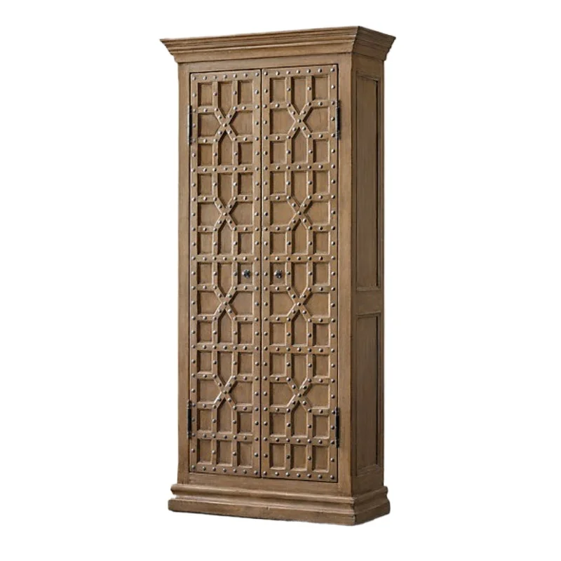 

French retro solid wood wine cabinet double door rivet design American living room decorative locker antique and old dining