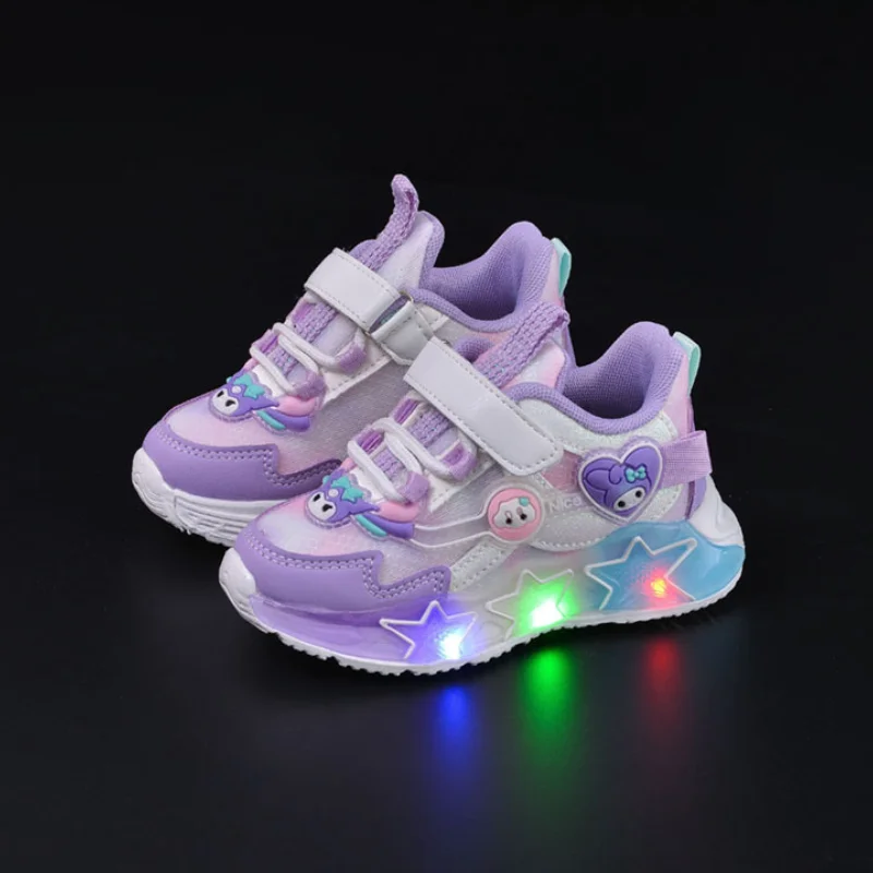 Cartoon Kuromi Girls LED Light Sports Shoes 2024 New Children\'s Anti Slip Soft Sole Cute Casual Shoes Kids Luminous Shoes