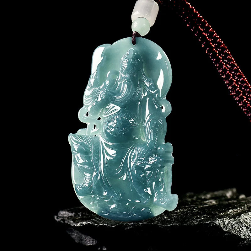 Natural Emerald Blue Water Guan Gong Martial God of Wealth Pendant for Men and Women, SiHui Jade