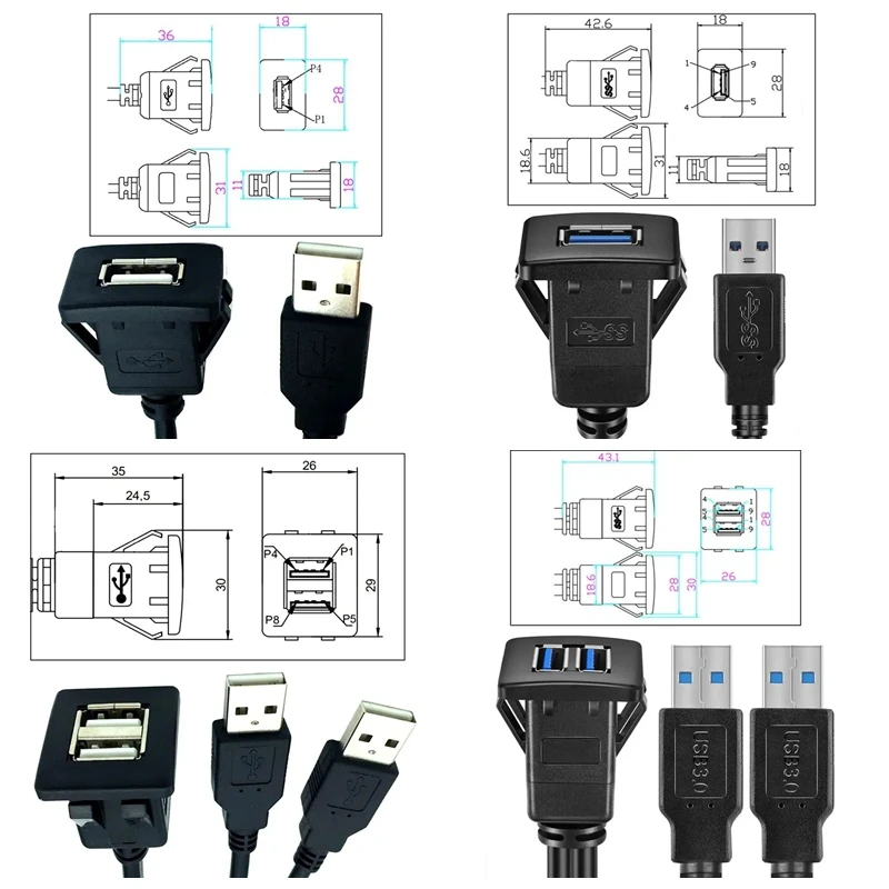 ABS Shell Buckle Type Dual Port USB 3.0/2.0 Male To Female Car, Ship, Motorcycle Instrument Panel Extension Waterproof 1m Cable