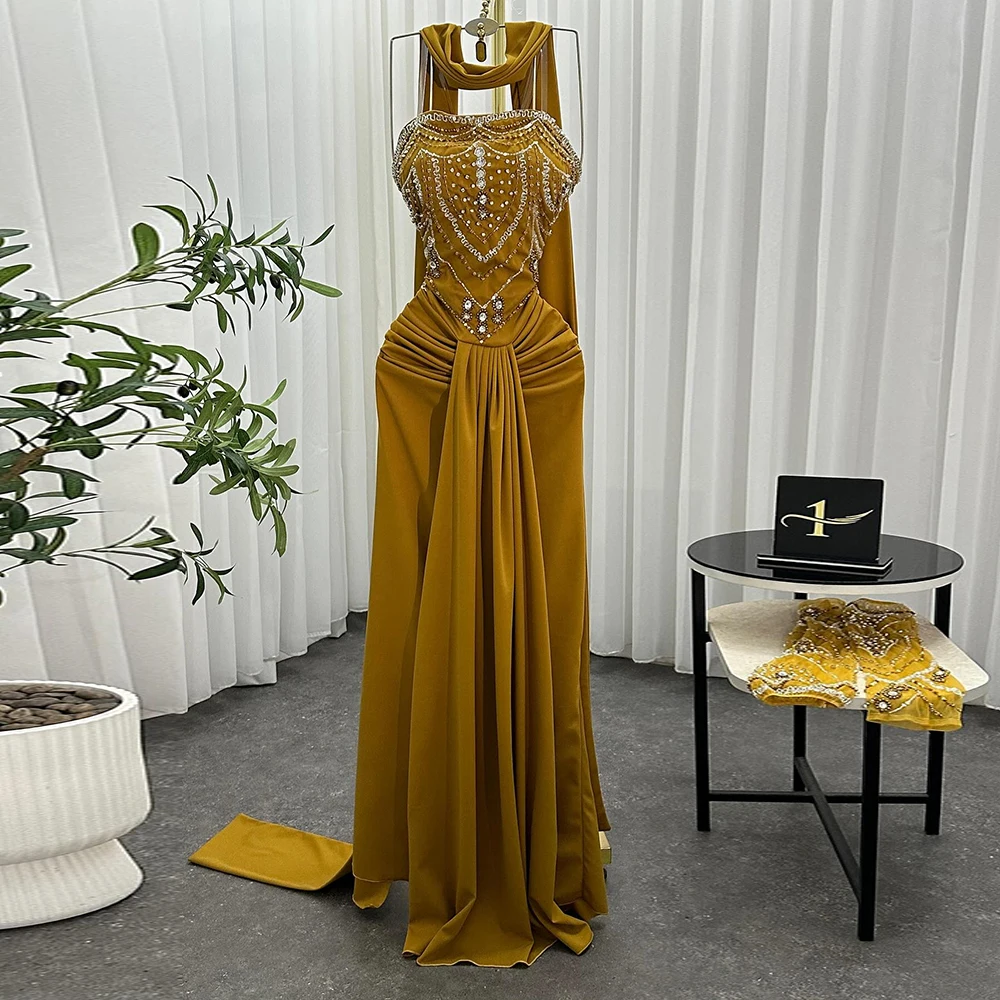 

Customized A-line Evening Dresses Floor-length Strapless Sleeveless Prom Gown Fashion Crystal Pleat Stole Draped Party Gown