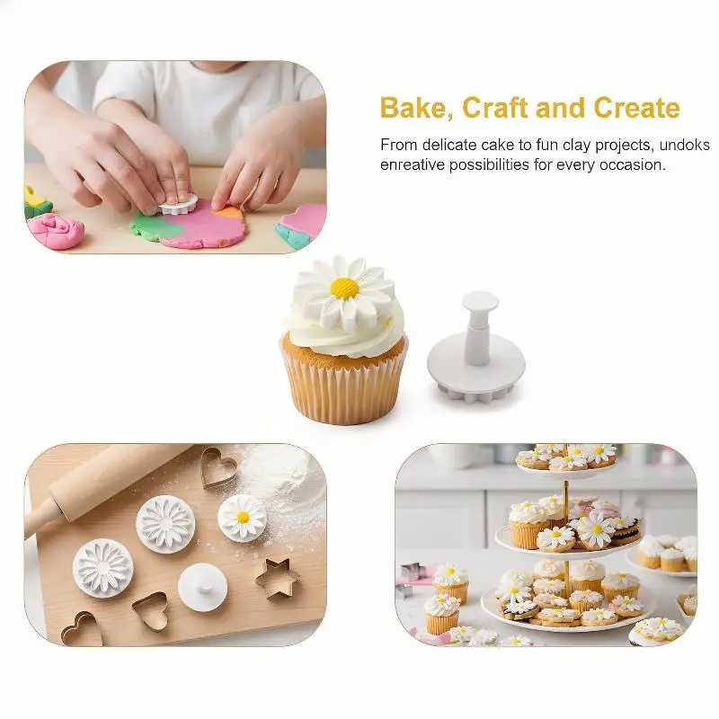 4Pcs Flower Biscuit Fondant Plunger Cutter Set for Baking Pastry Cookie Mold Cake Decorating Supplies for Home Party Kitchen