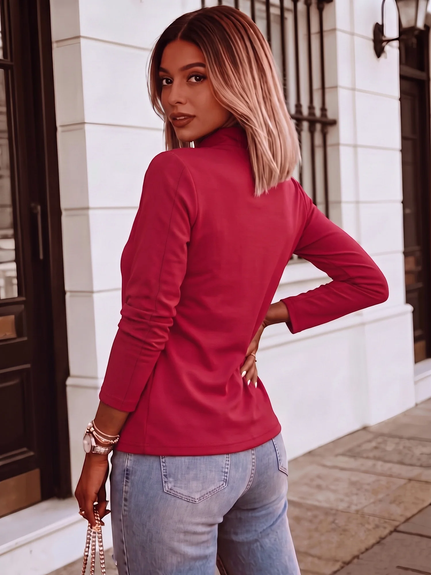 Simple Plain Color Womens Blazer Long Sleeve Stand Neck Open Business Casual Coat Solid Red Slim Outer Jacket For Ladies