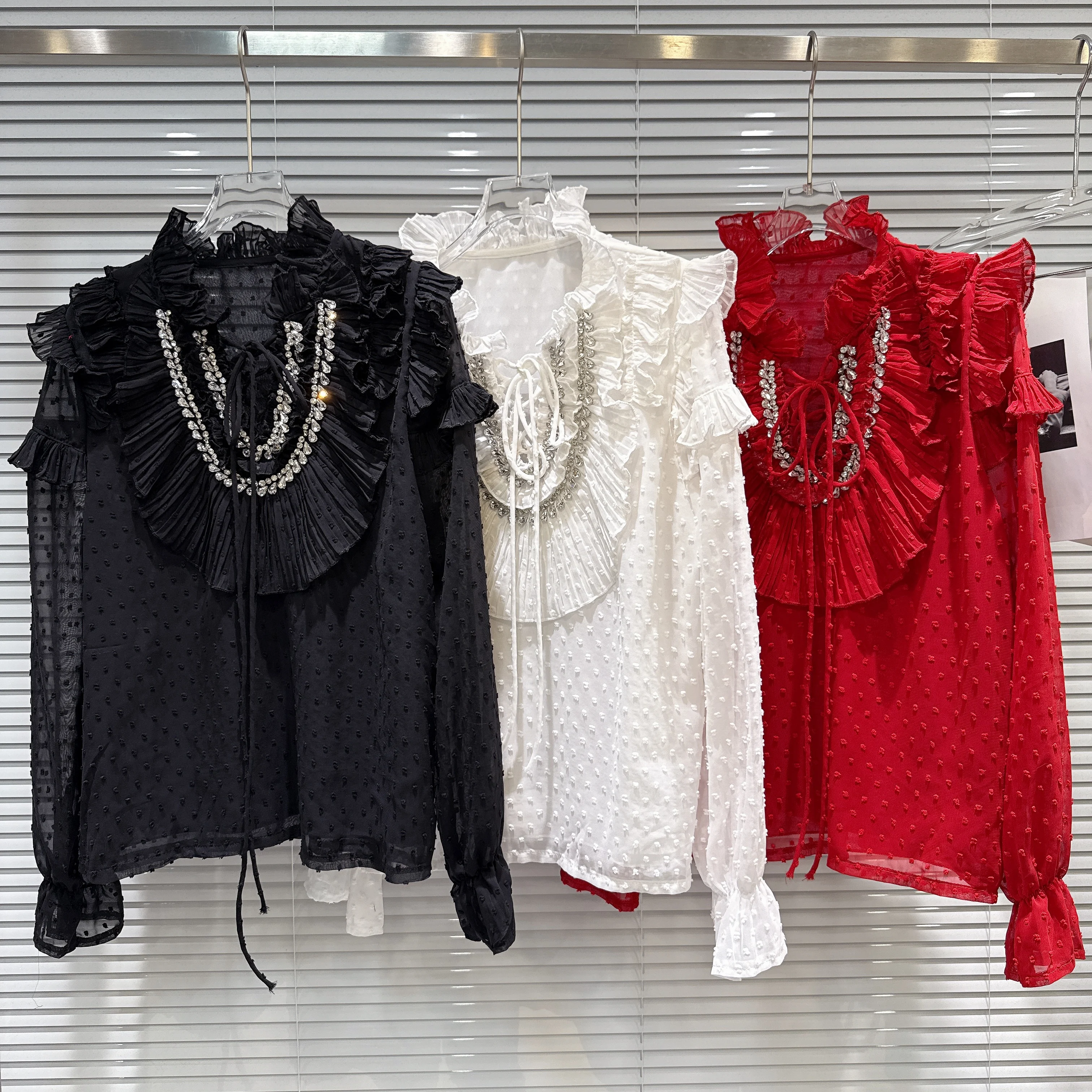 

2025 Winter New Heavy Craft Socialite Rhinestone Pleated Scarf Tie Embossed Fabric Shirt Blouse for Women