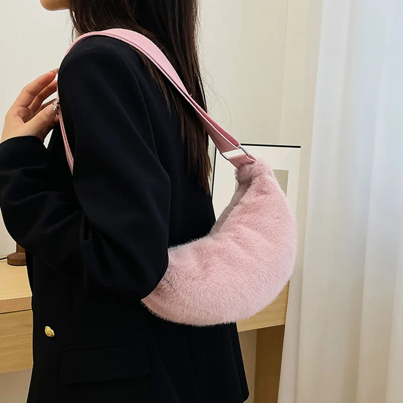 Solid Color Women's Plush Hobos Shoulder Bags Fashion Faux Fur Ladies Crossbody Bag Simple Portable Furry Purse Handbags 2026