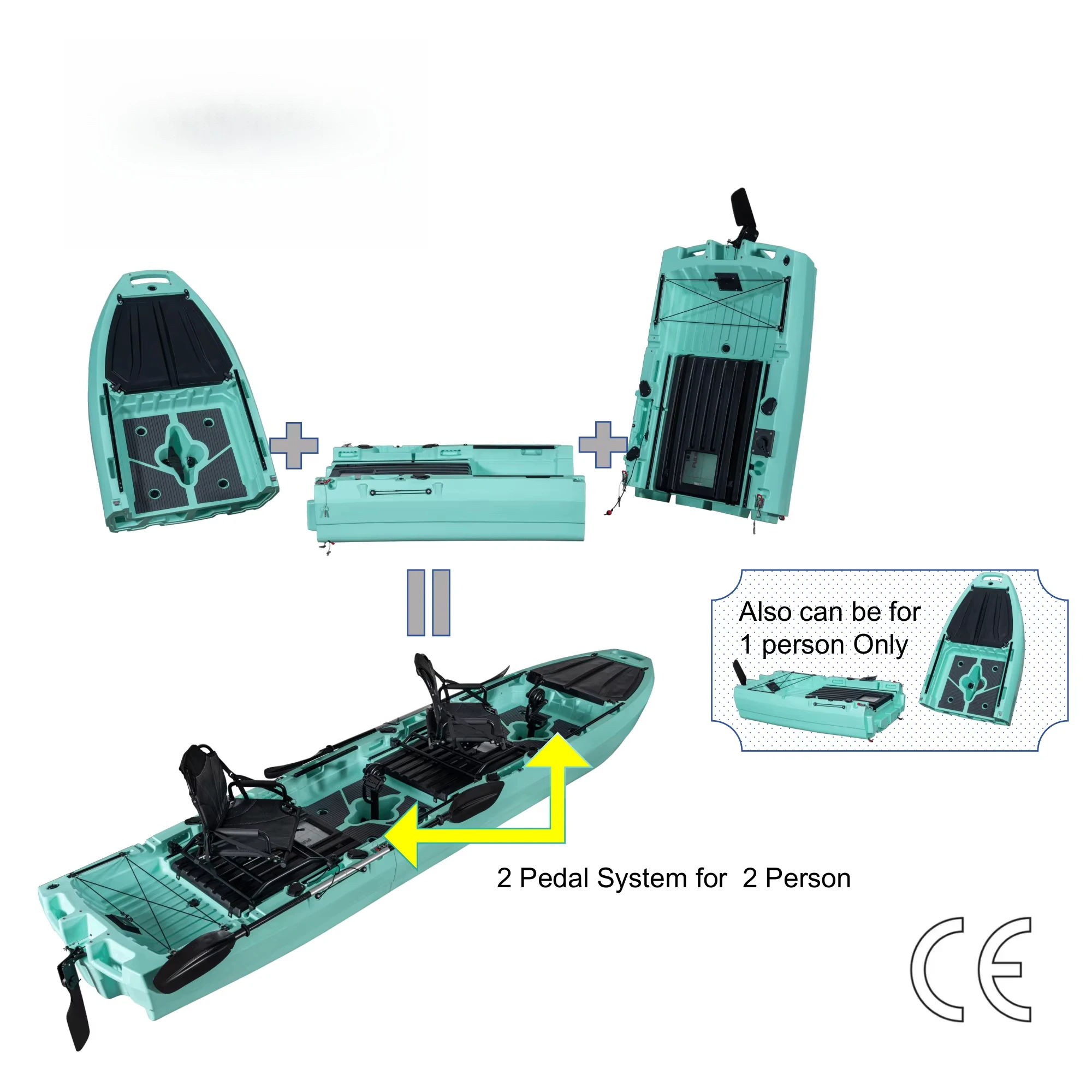 14ft Outdoors New 3-Section Tandem Modular Pedal Foldable Kayak Hull Design HDPE For Water Crafts 3-Person Capacity Boat Fishing