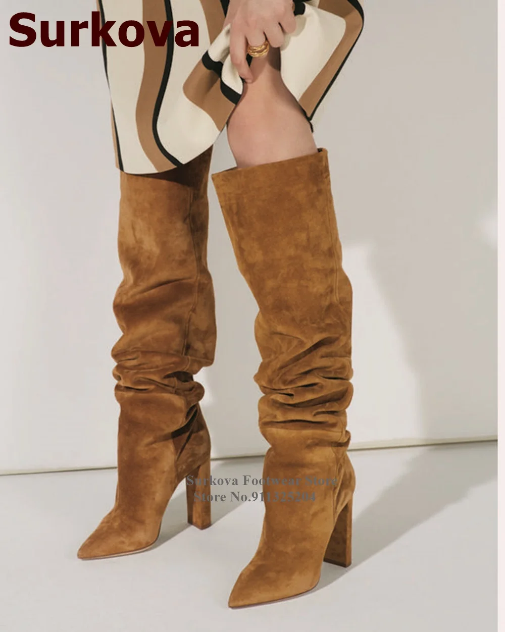 

Surkova Brown Suede Chunky Heel Folded Over-the-knee Boots Block Heels Pointed Toe Pleated Long Boots Fall Winter Dress Shoes