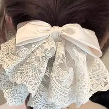 

Элегантная заколка для волос в балетном стиле с кружевным атласным бантом и хвостиком, нежная и милая заколка в виде акулы, украшение для волос на затылке