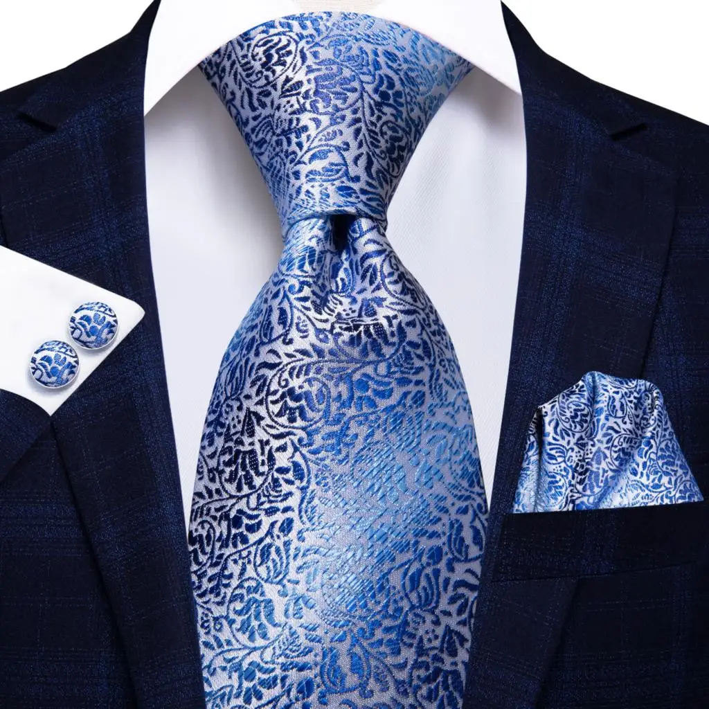 Hi-Tie Fashion Designer Light Blue Plaid Paisley Silk Wedding Tie For Men Handky Cufflink Men Necktie Business Party Dropshiping