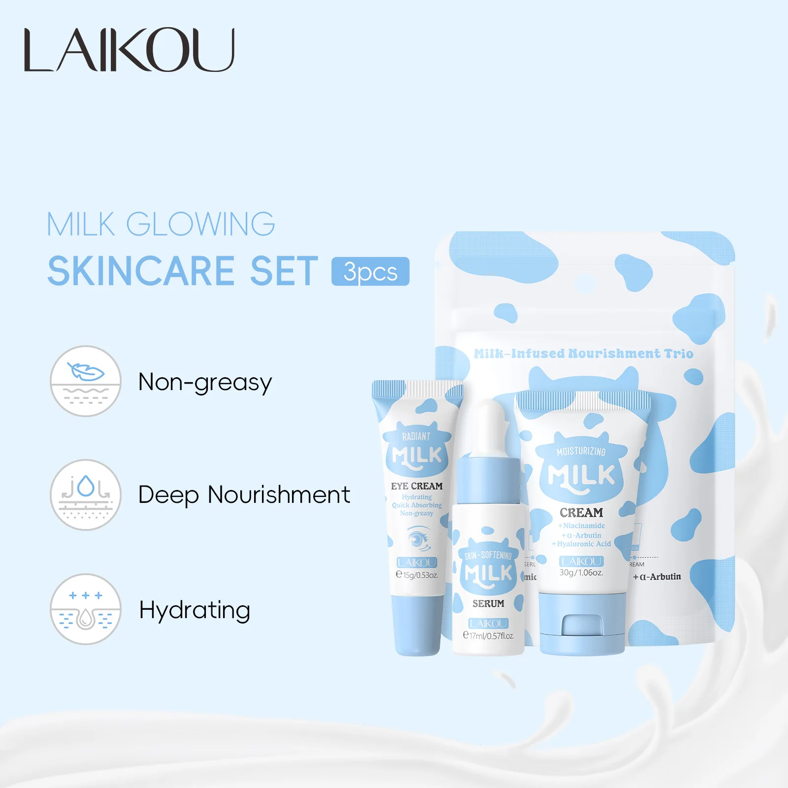 LAIKOU Milk Skincare Travel Set 3pcs Niacinamide Hyaluronic Acid Face Serum Eye Cream Face Cream Moisturizing Glowing Skin Care