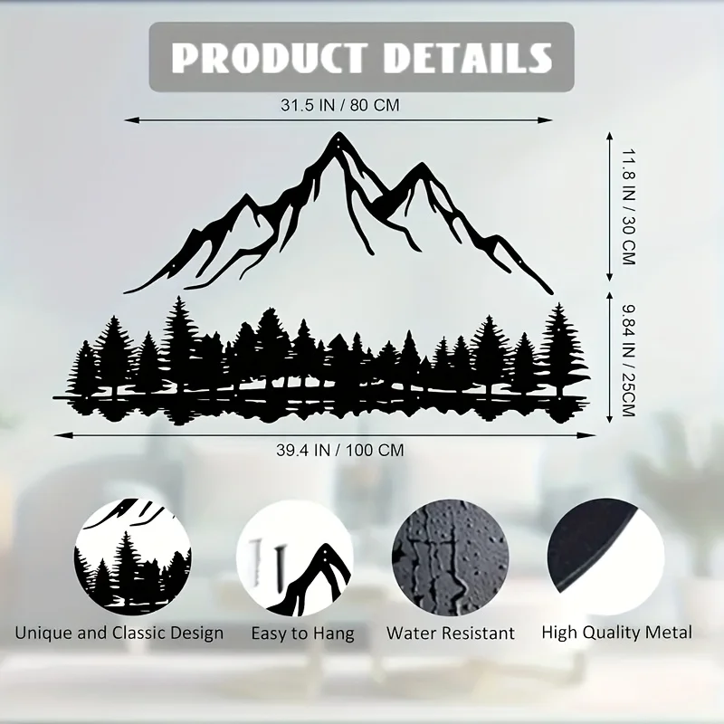 2Pcs Large Mountain Peak Metal Wall Decor, Natural Landscape Mountain and Forest Silhouette Wall Hanging Art, Black Iron Plant Statue Wall Decoration, Home Decor Suitable for Living Room, Study Wall, Housewarming Gift