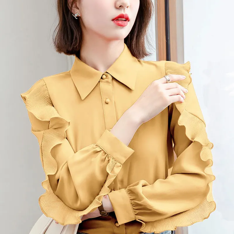 Office Lady Stylish Ruffles Patchwork Blouse Commute Single-breasted Female Clothing Turn-down Collar Spring Autumn Loose Shirt