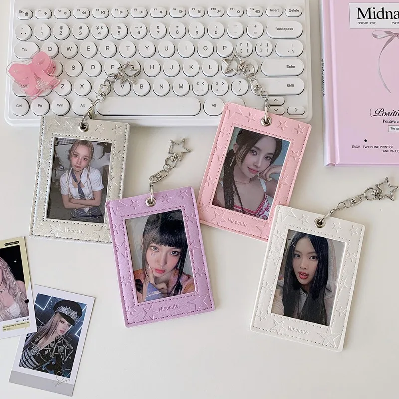 Leather Star Card Holder 3 Inch ID Photocard Case for KPOP Idol Cute Student Campus Card Protector Keychain Girls' Accessory