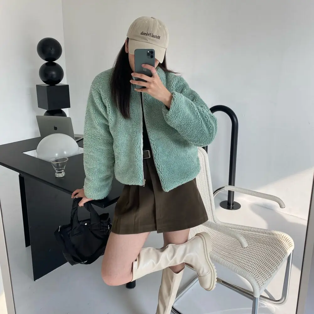 Korean Style Chic Short Lamb Fur Collar Thickened Casual Fashion Jacket Cotton Coat Women's Winter Outerwear Standard Fit Zipper