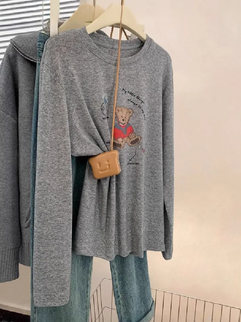 Autumn Winter Brushed Cute Bear Printed T-shirt Soft Round Neck Long Sleeved Top Women's Versatile Loose Soft Basic Shirt