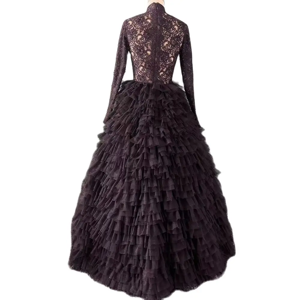 Black Lace Ruffles Prom Dresses High Neck Long Sleeve Beaded Tiered Evening Gown Layered Ball Gown Punk Special Occassion Wear