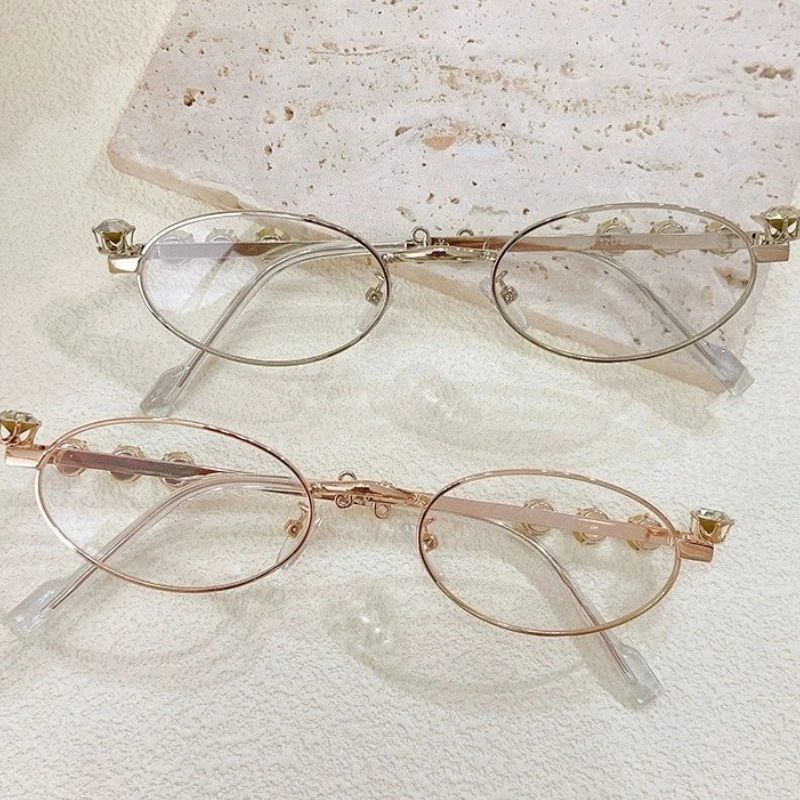 

Vintage Elegant Oval Shades Frame Rhinestone Diamonds Blue Light Blocking Glasses Silver Golden Eyeglasses Frames Decoration