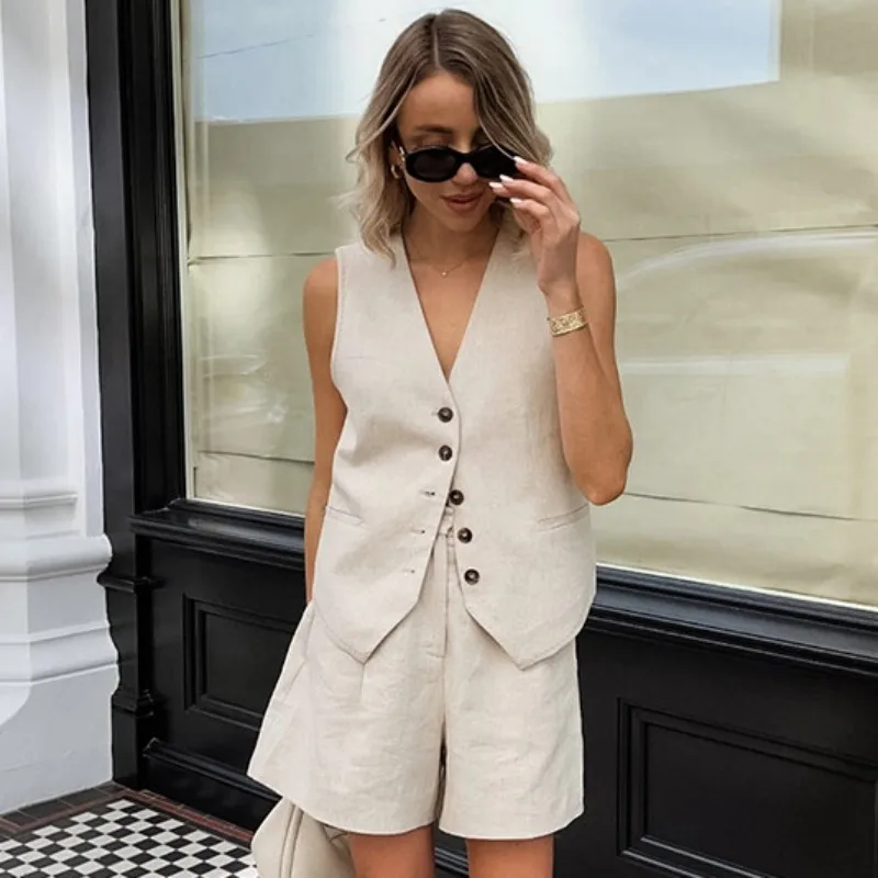 

Новинка лета 20%, женские топы цвета хаки, хлопковый льняной жилет без рукавов, жилет и шорты, комплект, модный костюм из двух предметов