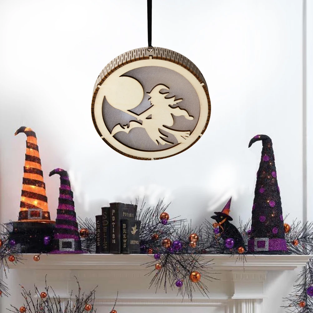 Ornament Witch Decoration Light Halloween Hanging Wooden Decorative Lights LED Lamp