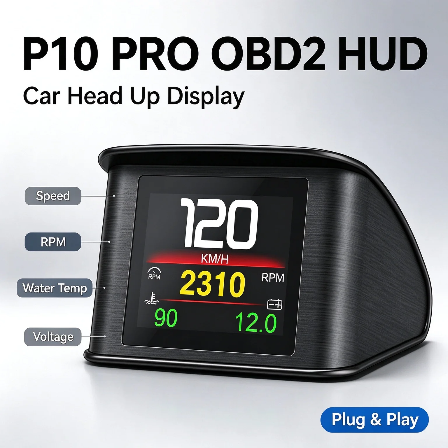 P10 Pro Car HUD OBD2 Head Up Display On-board Computer Speedometer RPM Water Temp Voltage Fuel Consumption Gauge Overspeed Alarm