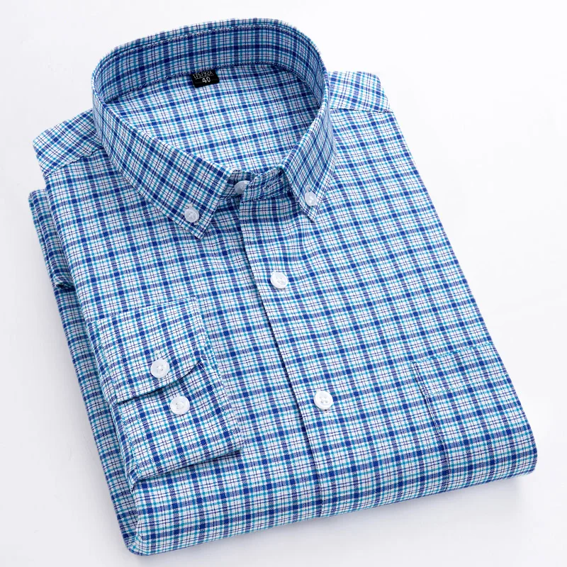 Camisa clásica de algodón para hombre, camisas a cuadros a rayas de manga larga, cómodas, suaves y versátiles, camisas sociales informales de