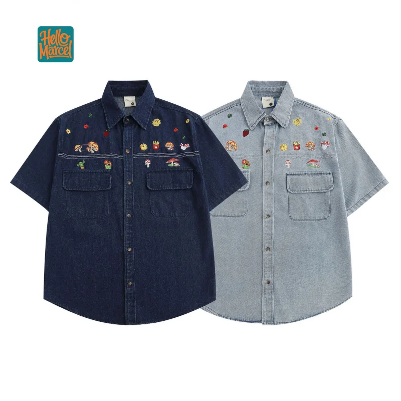 HELLOMARCEL EU US Size Luxury Quality Men Casual Shirt High Street Summer Denim Short Sleeve Unisex Oversize Vintage Shirt