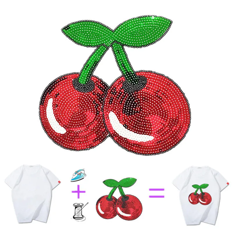 Clothing Women Shirt Top Diy Fruit Patch Cherry Red Sequins deal with it T-shirt girls Iron on Patches for clothes Stickers