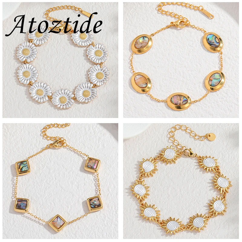 Atoztide New Sun Daisy Abalone Shell Shaped Bracelet for Women Girl Stainless Steel Multiple Styles Bracelet Trend Jewelry Gift