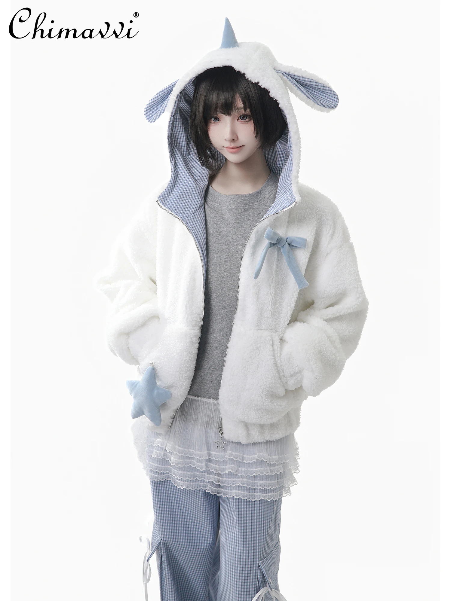 

Japanese Style Fashion Patchwork Flocked Bow Slimming Lamb Wool Cotton Coat and Long Pants Set Winter Warm Women's Outfits