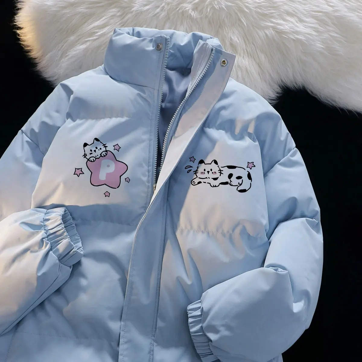 

Winter Thiened Cute Lazy Bread Warm Cotton Jaet Couple Outerwear Long Sve Stand Collar Regular Length Cotton Coat