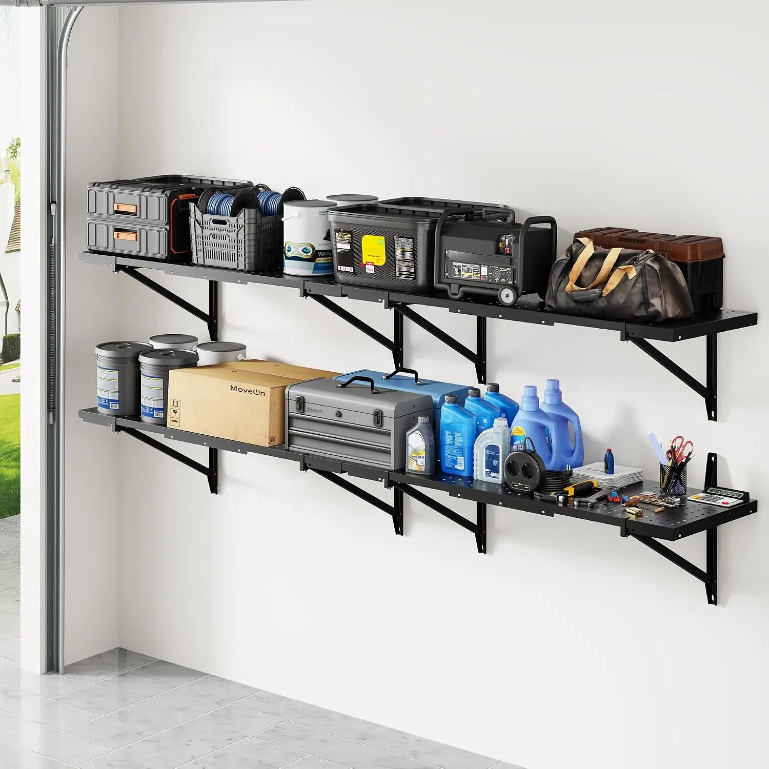 2-Pack 1x6ft Wall Mounted Garage Shelving, 14x68-inch | Perforated, Heavy Duty Storage Rack, 1400lbs Load Capacity, Garage Organ