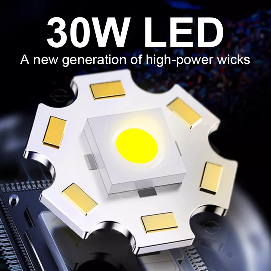 New High Power Rechargeable 30W LED Flashlight Long Shot Zoom Torch Light Super Bright Outdoor Fishing Hunting Lantern Work Lamp