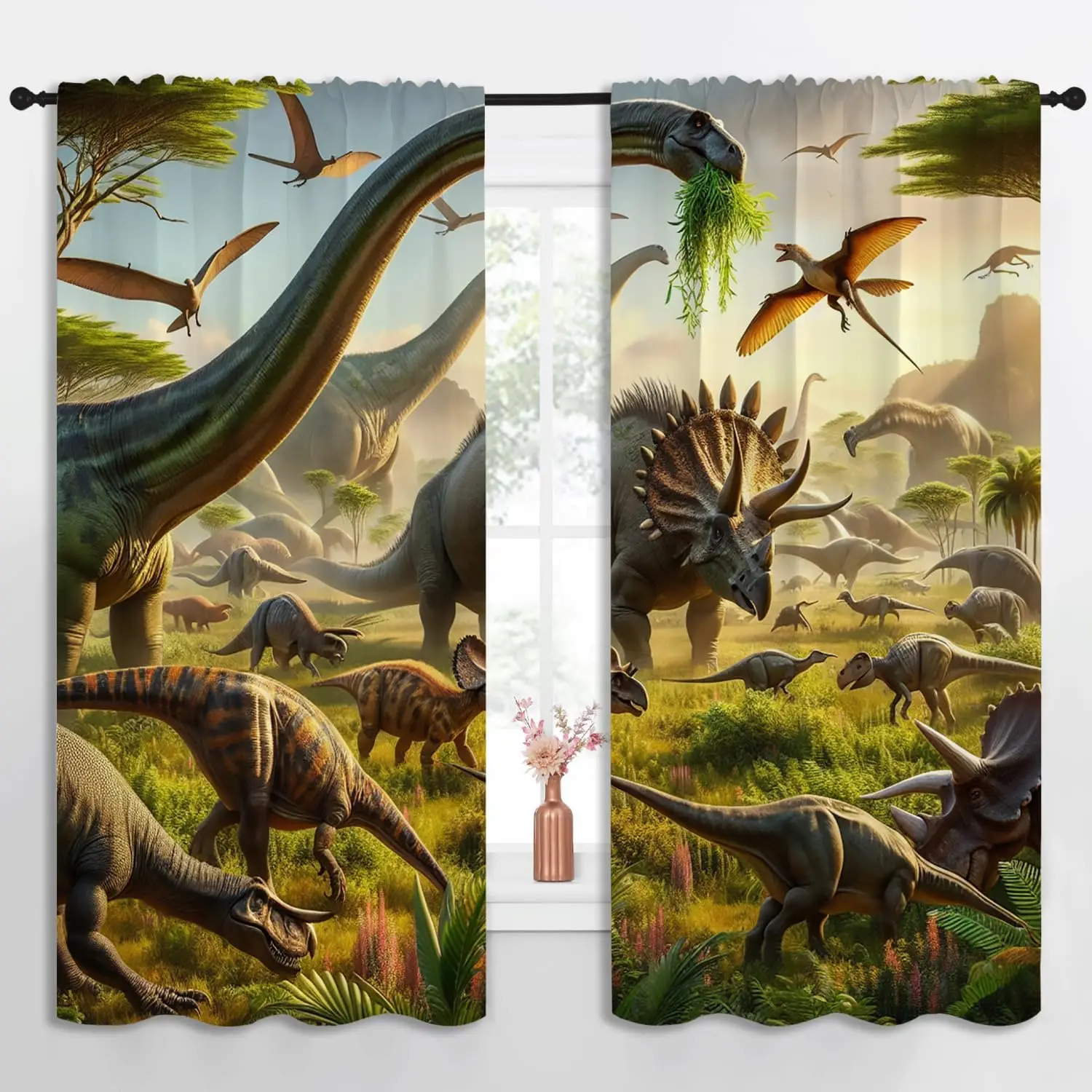 3D Dinosaur Boy Girls Blackout Curtains,Jurassic Primeval Wildlife Animal Dino Group 2 Panel Rod Pocket Thermal Insulated Drapes